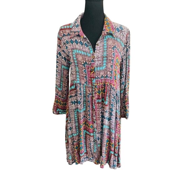Boho Uncle Frank Anthropologie Multicolor Aztec Shirt Dress Coastal Cowgirl M - Picture 2 of 10